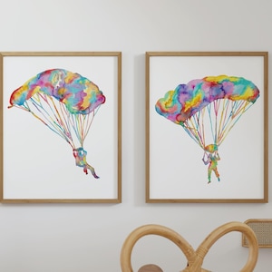 Set of 2 Paragliding art paraglider parachute extreme sport print watercolor painting gift drawing sketch skydiver skydiving parachuting