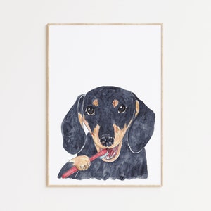 Hund Dackel Dachs Zähneputzen Bad Aquarell Malerei Druck Kunst Badezimmer Zimmer Waschraum Zahnbürste Baby Wand Poster Dekor Wiener