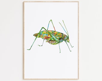 Katydid painting watercolour ink iridescent green Wall Art Bug Rainbow Insect Goth Steam Punk Illustration Print Nursery Colorful