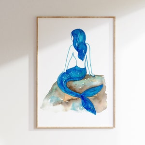 Mermaid watercolor painting print art, animal, illustration, Sea sea life jelly fish blue nautical, ocean art wall poster decor modern