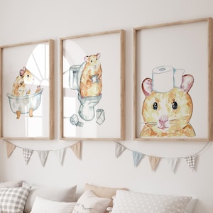 Set van 3 hamster toilet schilderij muur poster aquarel Art decor print huisdier tekening badkamer gig grappige badkamer bad bad wasruimte