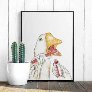 Gans Zähneputzen Bad Aquarell Malerei Druck Kunst Badezimmer Zimmer Waschraum Zahnbürste Wand Poster Dekor moderne Bauernhof Tier Vogel