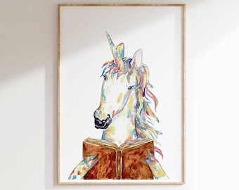 Unicorn reading book watercolor painting print art wall poster decor modern reader library stalk graduation gig horse smart student animal