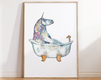 Unicorn taking bath painting watercolour bathroom blue Wall Art room watercolor shower fantasy Illustration Print Nursery fairy tale horse