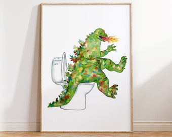 Godzilla toilet Painting Wall Poster Watercolor Art Decor Print Pet Drawing bathroom gig funny bath room tub bathtub washroom fantasy baby