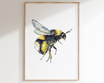 May include: A watercolor painting of a bumblebee in flight. The bee is yellow and black with translucent wings. The painting is on a white background.