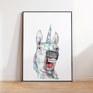 Puede incluir: Una pintura de acuarela de un unicornio con un cuerno de arcoíris y una gran sonrisa. El unicornio lleva brackets en los dientes.