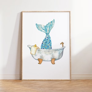 Meerjungfrau beim Baden, Malerei, Aquarell, Badezimmer, blau, Wandkunst, Zimmer, Aquarell, Dusche, Fantasie, Illustration, Druck, Kinderzimmer, Märchenschwanz
