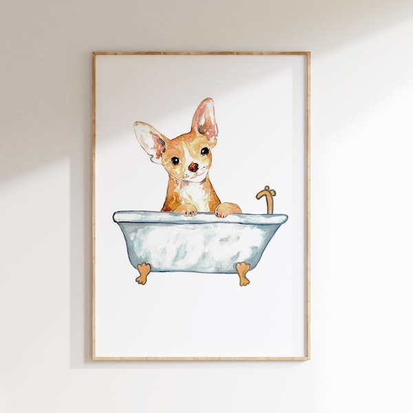 Dog chihuahua taking bath watercolor painting print art bathroom room washroom wall poster decor pet pup baby puppy cute