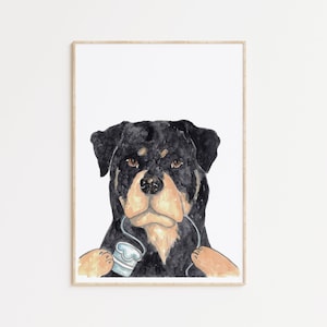 Rottweiler Hund Zahnseide Zähneputzen Bad Aquarell Malerei Druck Kunst Badezimmer Zimmer Waschraum Zahnbürste Baby Tier Wand Poster Haustier Hund