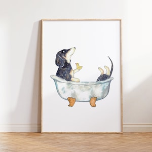 Dachshund taking bath watercolor painting print art bathroom room washroom wall poster decor modern pet dog pup baby animal puppy cute