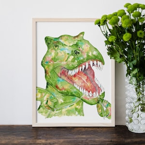T-rex Brushing Teeth Dinosaur Painting Watercolour Dino Trex | Etsy