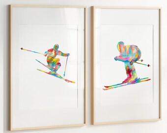 Set of 2 Ski Watercolor Print Skiing Poster Skier Gift Winter Sports Art Wall Art Ski Decor Home Decor For Him Room Decor Nursery Hanging