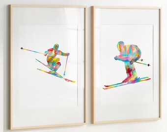 2er-Set Ski-Aquarelldruck, Ski-Poster, Skifahrer-Geschenk, Wintersport-Kunst, Wandkunst, Ski-Dekor, Heimdekoration für Ihn, Raumdekoration, Kinderzimmer zum Aufhängen