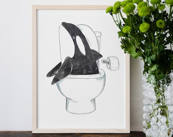 Orca whale in the bathroom painting watercolour ocean washroom Wall Art toilet bowl room watercolor potty Illustration Print Nursery