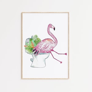 Flamingo in the bathroom painting watercolour ocean washroom Wall Art toilet bowl room watercolor potty Illustration Print Nursery nautical