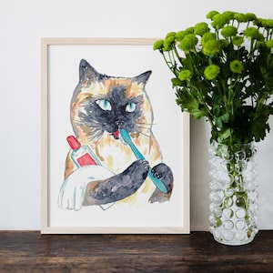 Siam Katze Zähne putzen Malerei Wand Poster Aquarell Kunst Dekor Druck Haustier Zeichnung Badezimmer Gig lustiges Bad Waschtisch Geschenk