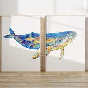 Set of 2 whale watercolor painting print art, animal, illustration life nautical, ocean green wall poster decor modern sea coastal nautical
