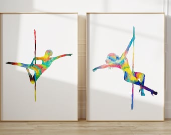 Set of 2 Pole dance art yoga print watercolor painting gift drawing sketch dancer silthouette woman gymnastics gym gymnast sport art