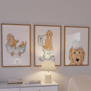 Set of 3 golden doodle dog toilet Painting Wall Poster Watercolor Art Print Pet Drawing bathroom bath room tub bathtub washroom