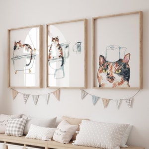 Lot de 3 calicot chat toilette peinture affiche murale aquarelle Art déco impression animal dessin salle de bain concert drôle salle de bain baignoire baignoire toilettes