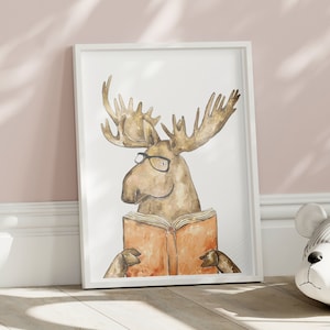 Moose reading book watercolor painting print art wall poster decor modern reader library stalk graduation gig bear smart student animal