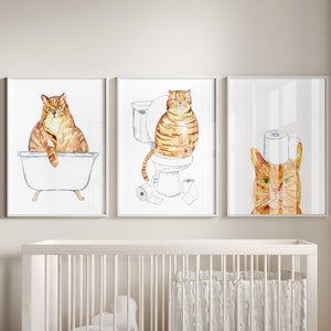 Lot de 3 toilettes de chat orange peinture affiche murale aquarelle Art déco impression animal dessin salle de bain concert drôle salle de bain baignoire baignoire toilettes