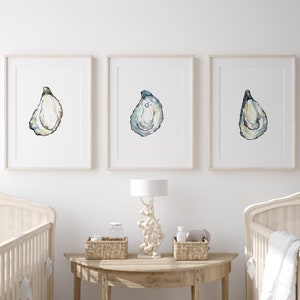 Conjunto de 3 quadros decorativos com conchas de ostra e pérola, perfeitos para decoração de parede com tema praiano, banheiro e muito mais. Pinturas em aquarela de animais marinhos e elementos náuticos.