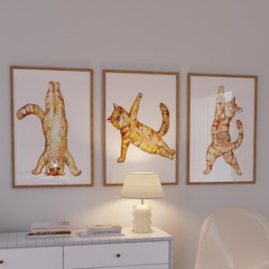 Conjunto de 3 Yoga gato pose pintura pared cartel acuarela arte colorido decoración estiramiento impresión mascota dibujo concierto divertido ejercicio de posición de guardería