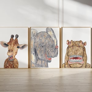 Set of 3 african animals braces Painting Wall Poster Watercolor Art Decor Print bathroom bath washroom dentist orthodontic brushing teeth