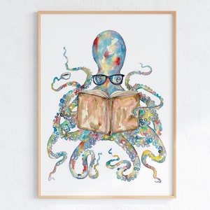 Octopus reading book watercolor painting print art Sea life nautical ocean wall poster decor modern reader library stalk graduation gig