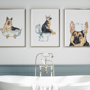 Set of 3 German shepherd dog toilet Painting Wall Poster Watercolor Art Print Pet Drawing bathroom gig funny bath room tub bathtub washroom