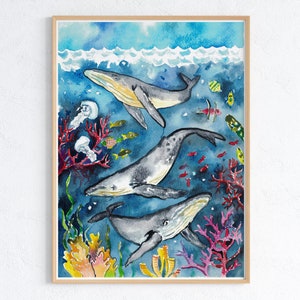 Buckelwal Aquarellmalerei Druckkunst, Tier, Illustration, Meereskunst, Meereslebenskunst, nautisch, Ozeankunst Wandposter Dekor modern