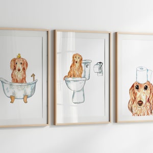 Set van 3 teckel hond toilet schilderij muur poster aquarel Art Decor Print huisdier tekening badkamer optreden grappige badkamer bad badkuip wasruimte
