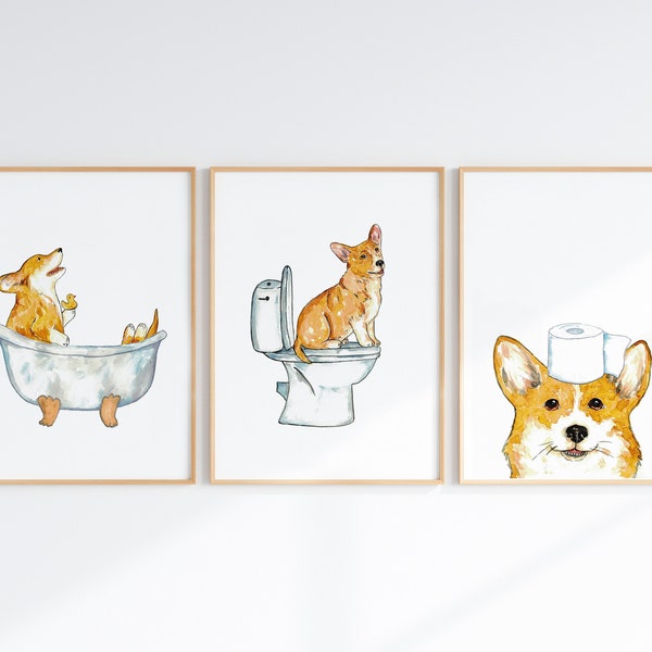 Set of 3 corgi dog toilet Painting Wall Poster Watercolor Art Decor Print Pet Drawing bathroom gig funny bath room tub bathtub washroom