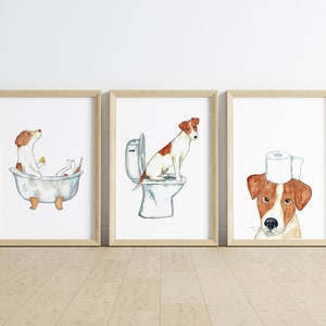 Set van 3 Jack Russel Terriër hond toilet schilderij muur poster aquarel Art Print huisdier tekening badkamer gig bad kamer bad bad wasruimte