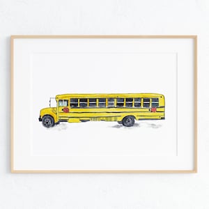Impresión de autobús escolar Niños habitación decoración de la pared pintura acuarela tinta amarillo naranja Arte Ilustración niño niña coche vehículo guardería autobús escolar camión