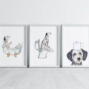 Set van 3 Dalmatische hond toilet schilderij muur poster aquarel Art decor print huisdier tekening badkamer optreden grappig bad kamer bad bad wasruimte