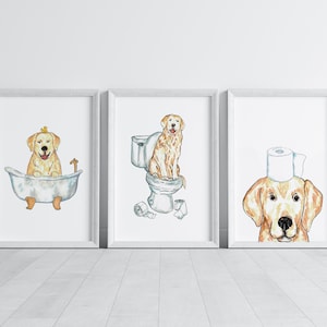 Set van 3 honden golden retriever toilet schilderij muur poster aquarel kunst print huisdier tekening badkamer optreden grappige badkamer badkuip badkuip wasruimte