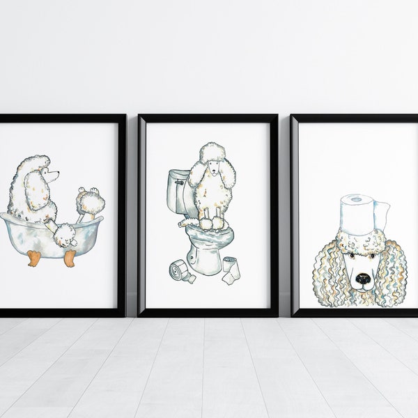 Set of 3 white poodle dog toilet Painting Wall Poster Watercolor Art Print Pet Drawing bathroom gig funny bath room tub bathtub washroom