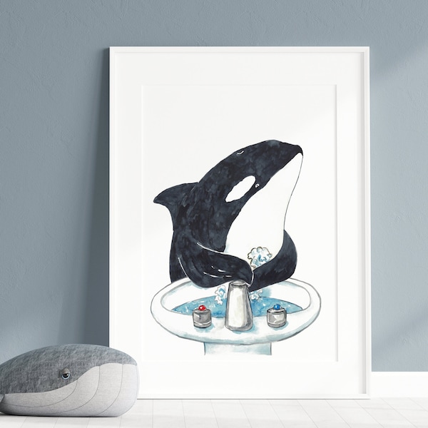 Orca whale washing hands bath watercolor painting print art bathroom room washroom tooth brush baby ocean wall poster decor modern nautical