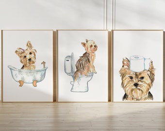 Set of 3 yorkie dog toilet Painting Wall Poster Watercolor Art Decor Print Pet Drawing bathroom gig funny bath room tub bathtub washroom