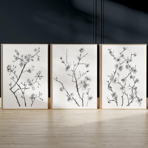 Set of 3 black and white cherry blossom flowers Watercolor Painting buds Abstract Wall Art Print botanical bloom chinese tree branches