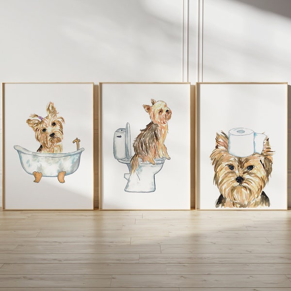 Set of 3 yorkie dog toilet Painting Wall Poster Watercolor Art Decor Print Pet Drawing bathroom gig funny bath room tub bathtub washroom