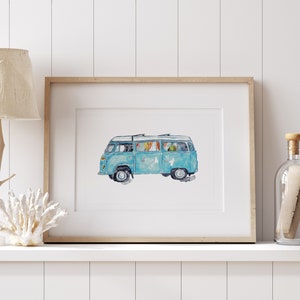 Bus print Kids room wall decor painting watercolour ink yellow Art Illustration boy girl car vehicle Nursery California Camper Camping Van