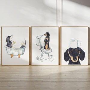 Set van 3 teckel hond toilet schilderij muur poster aquarel Art Decor Print huisdier tekening badkamer optreden grappige badkamer bad badkuip wasruimte