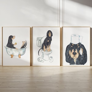 Set van 3 Black and Tan Coonhound hond toilet schilderij muur Poster aquarel Art Print huisdier badkamer optreden grappig bad kamer bad bad wasruimte