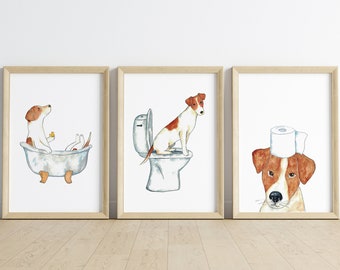 Set of 3 Jack Russel terrier dog toilet Painting Wall Poster Watercolor Art Print Pet Drawing bathroom gig bath room tub bathtub washroom