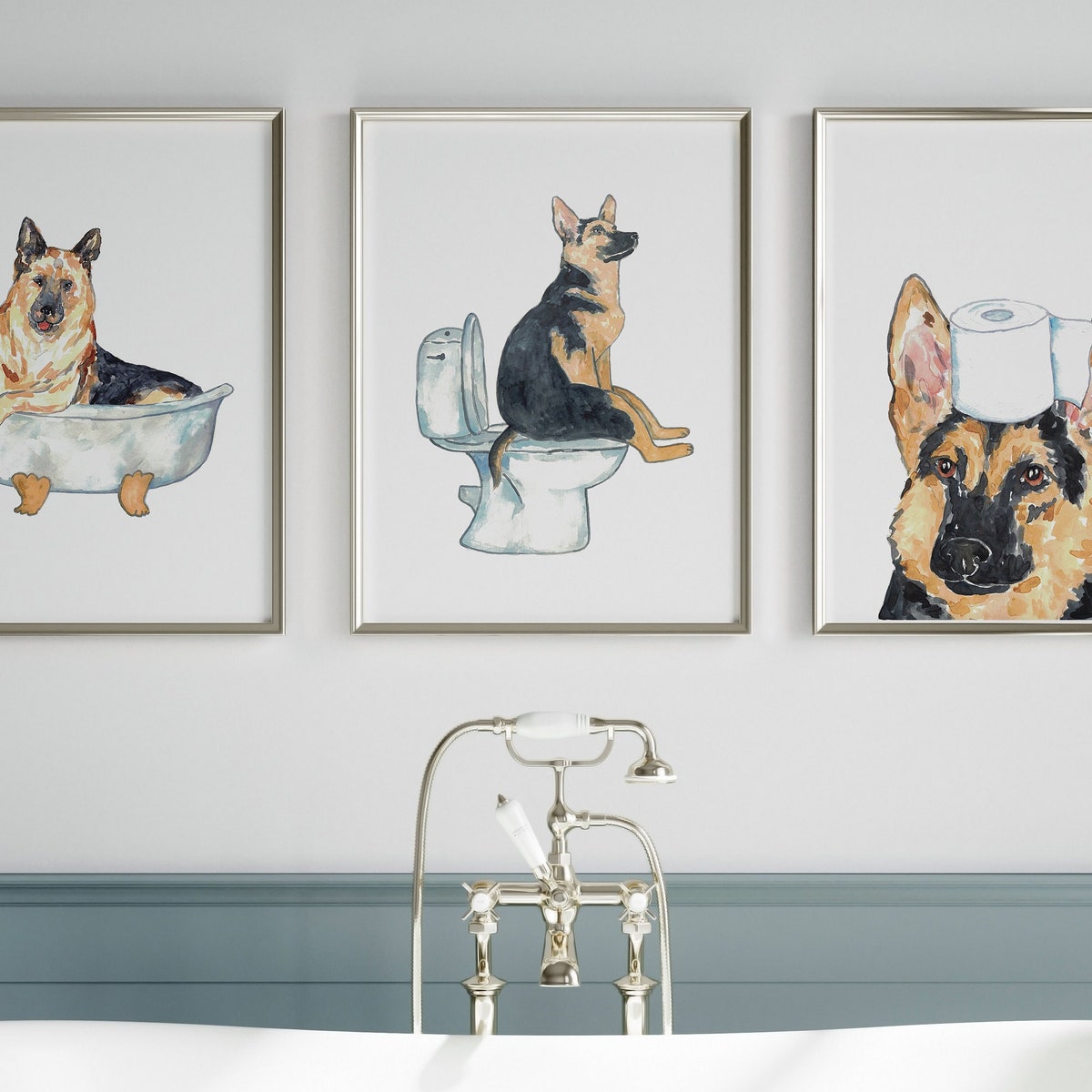 Set of 3 German Shepherd Dog Toilet Painting Wall Poster Watercolor Art Print Pet Drawing Bathroom Gig Funny Bath Room Tub Bathtub Washroom - Etsy