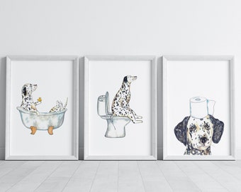 Set of 3 dalmatian dog toilet Painting Wall Poster Watercolor Art Decor Print Pet Drawing bathroom gig funny bath room tub bathtub washroom